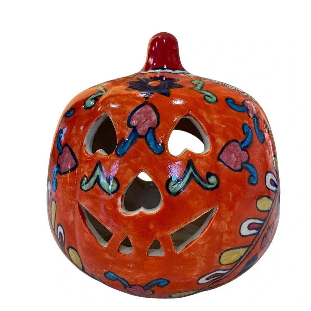 Martha Stewart Ceramic Jack-O-Lantern Pumpkin Tea Light Holder‎ Hand Painted New